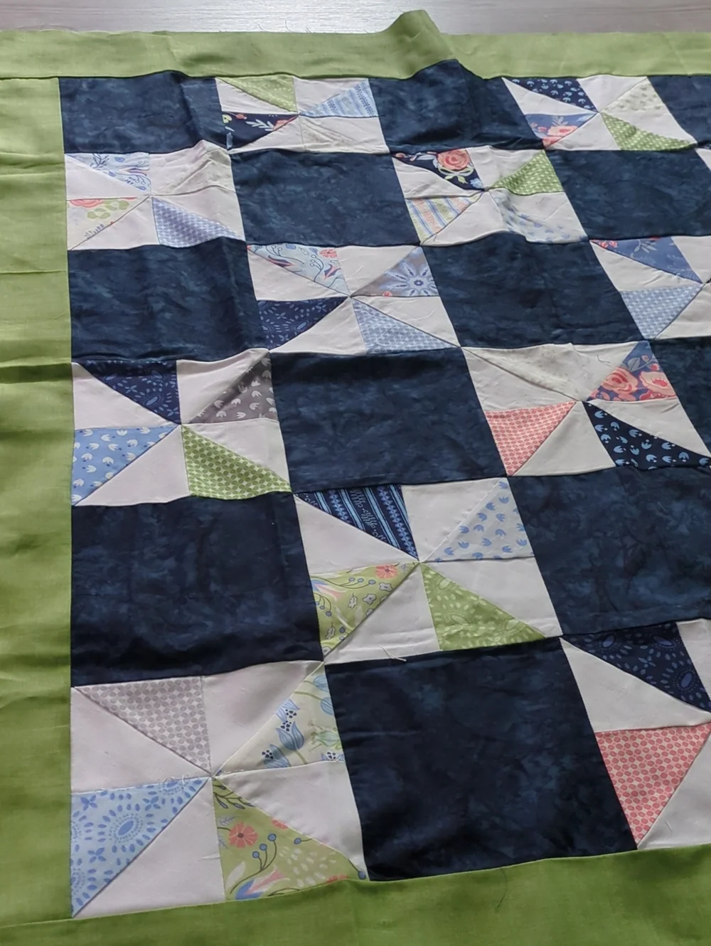 Handmade Unfinished Quilt Top UFO Blue Green Pinwheel Patchwork 41 x 35.5